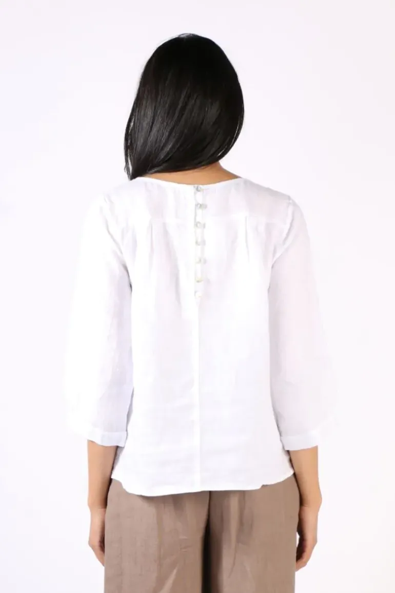Blueberry Button Back 3/4 Sleeve Top In White