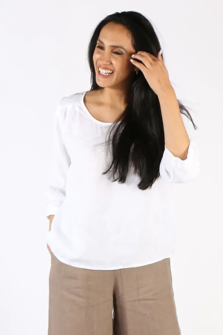 Blueberry Button Back 3/4 Sleeve Top In White