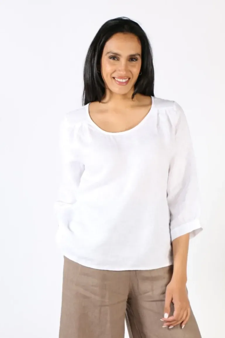 Blueberry Button Back 3/4 Sleeve Top In White