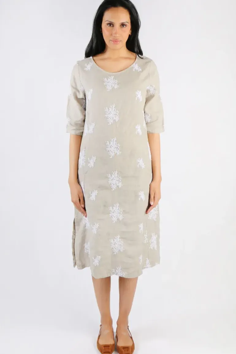 Blueberry Embroidered Linen Shift Dress In Beige
