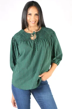 Check Shirred Top In Green By Jump