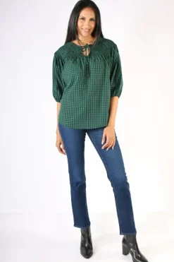 Check Shirred Top In Green By Jump