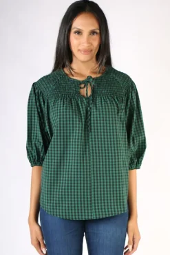 Check Shirred Top In Green By Jump