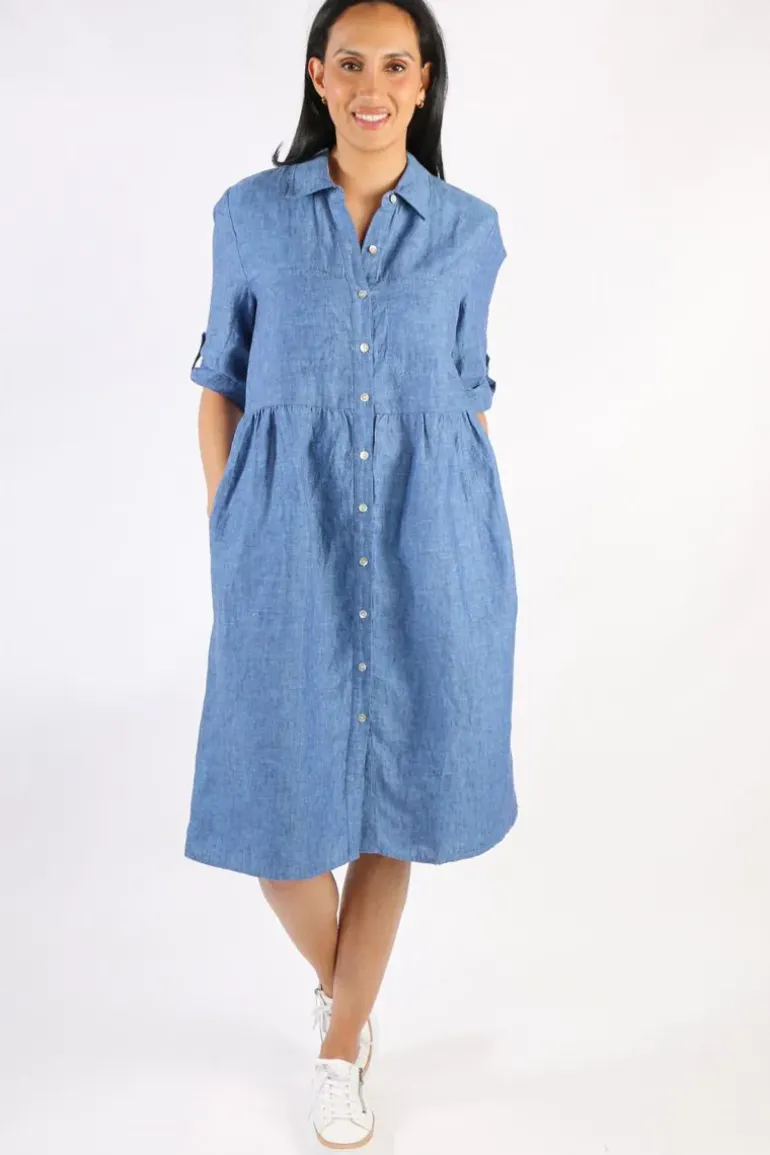Cross Dyed Gathered Linen Dress In Chambray By Jump