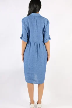 Cross Dyed Gathered Linen Dress In Chambray By Jump