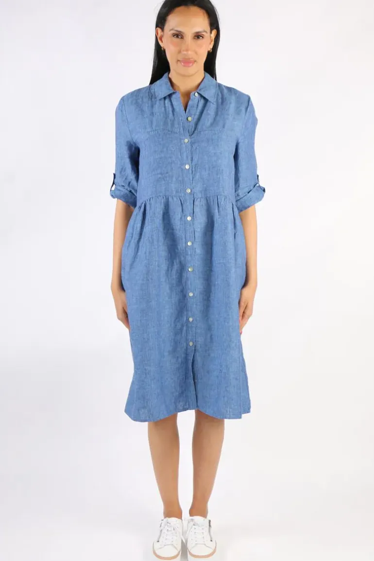 Cross Dyed Gathered Linen Dress In Chambray By Jump