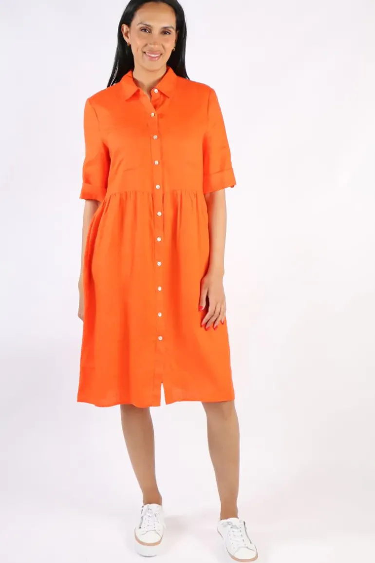 Cross Dyed Gathered Linen Dress In Orange By Jump