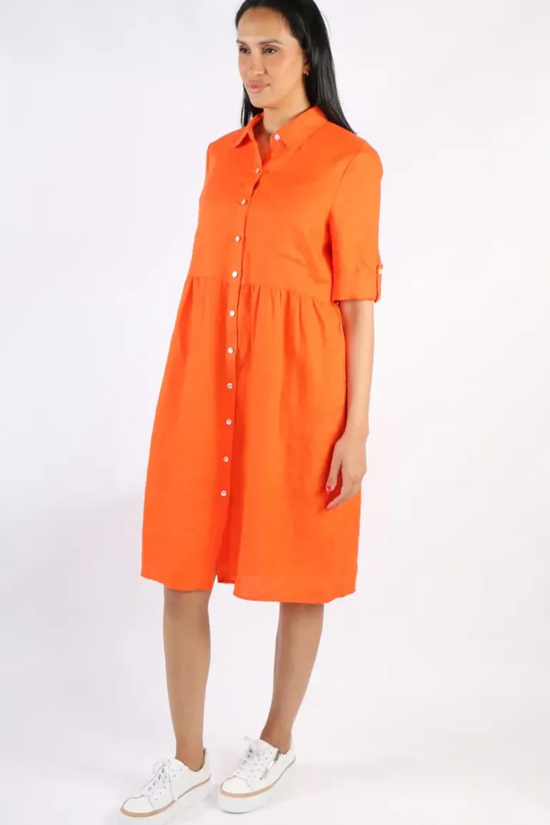 Cross Dyed Gathered Linen Dress In Orange By Jump