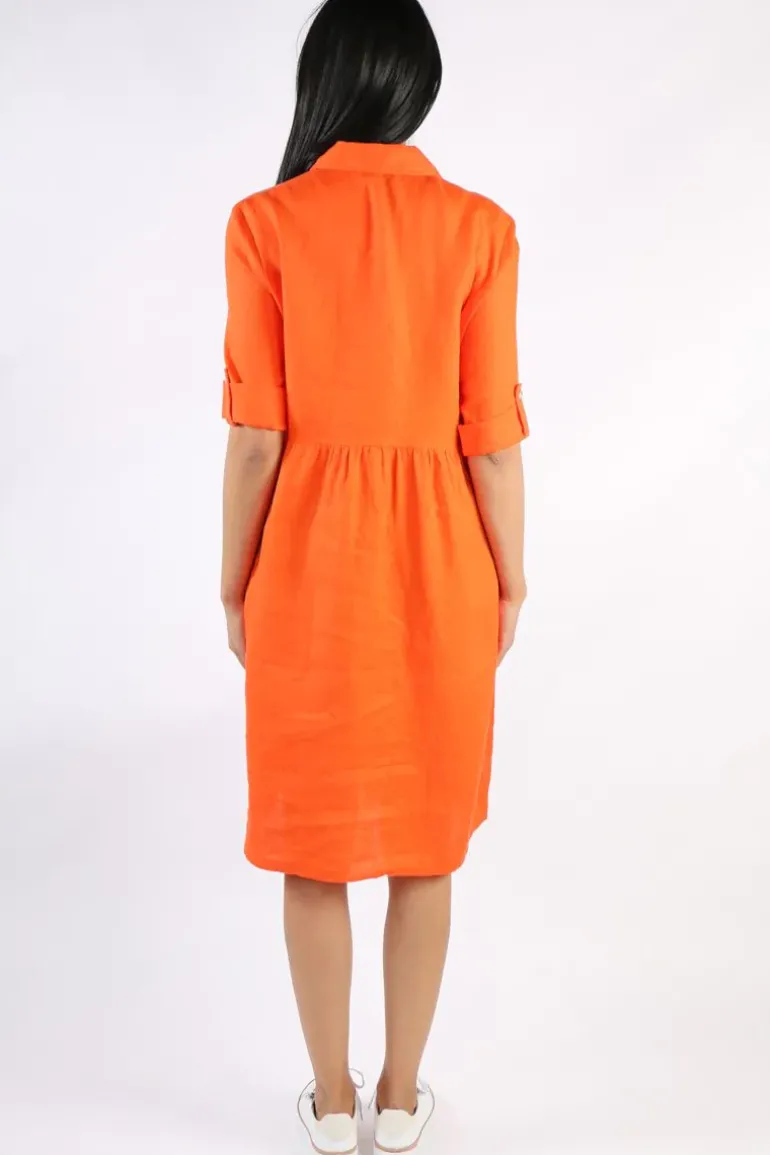 Cross Dyed Gathered Linen Dress In Orange By Jump