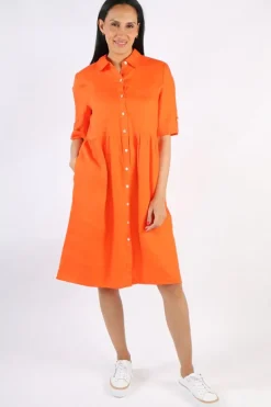 Cross Dyed Gathered Linen Dress In Orange By Jump
