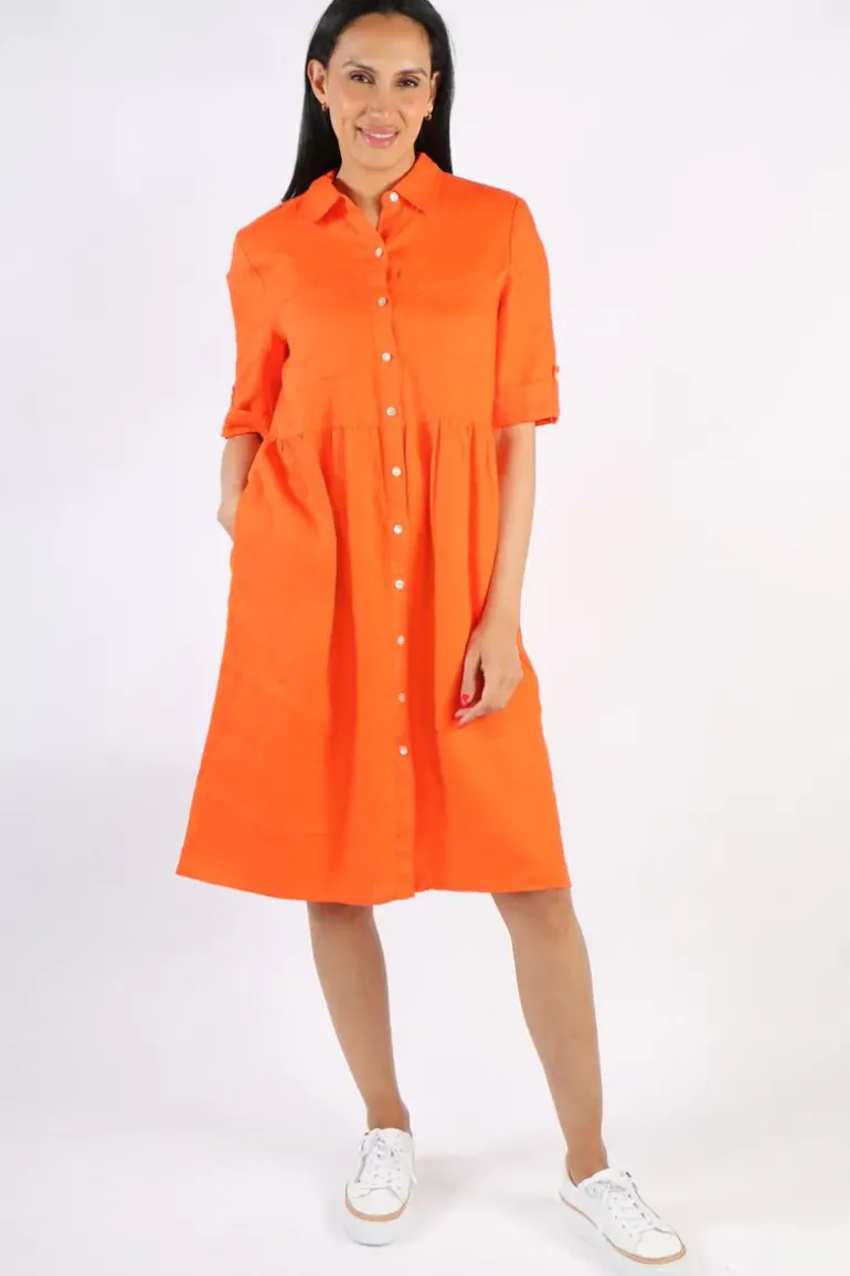 Cross Dyed Gathered Linen Dress In Orange By Jump