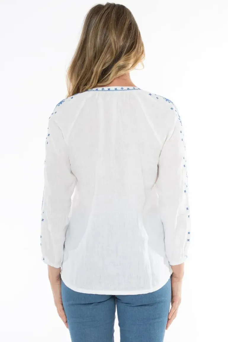 Embroidered Linen Blouse In White By Jump