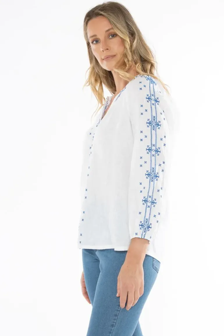 Embroidered Linen Blouse In White By Jump