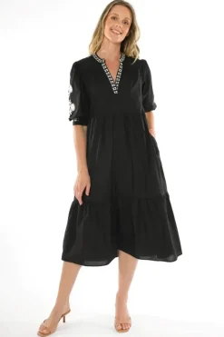 Floral Embroidered Tiered Dress In Black By Jump