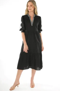 Floral Embroidered Tiered Dress In Black By Jump