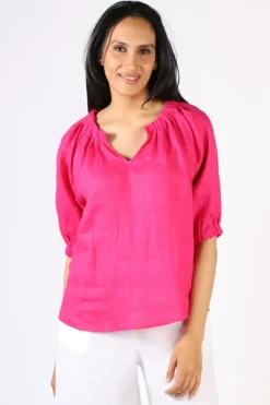 Foil Turn Up The Volume Linen Top In Pink