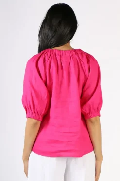 Foil Turn Up The Volume Linen Top In Pink