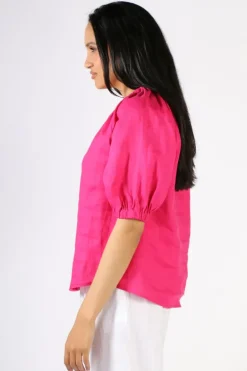 Foil Turn Up The Volume Linen Top In Pink