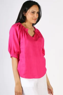 Foil Turn Up The Volume Linen Top In Pink