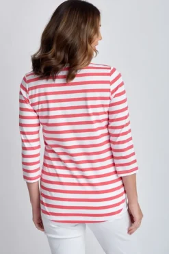 Goondiwindi Cotton Stripe 3/4 Sleeve Tee In Coral