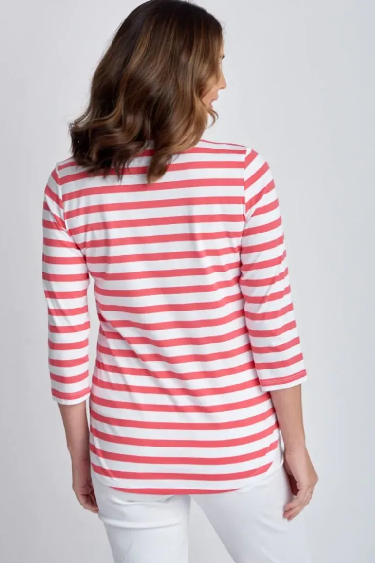 Goondiwindi Cotton Stripe 3/4 Sleeve Tee In Coral