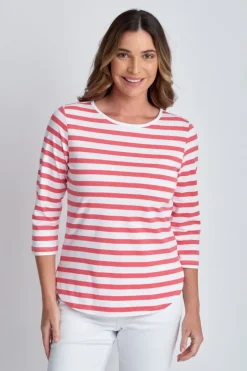 Goondiwindi Cotton Stripe 3/4 Sleeve Tee In Coral