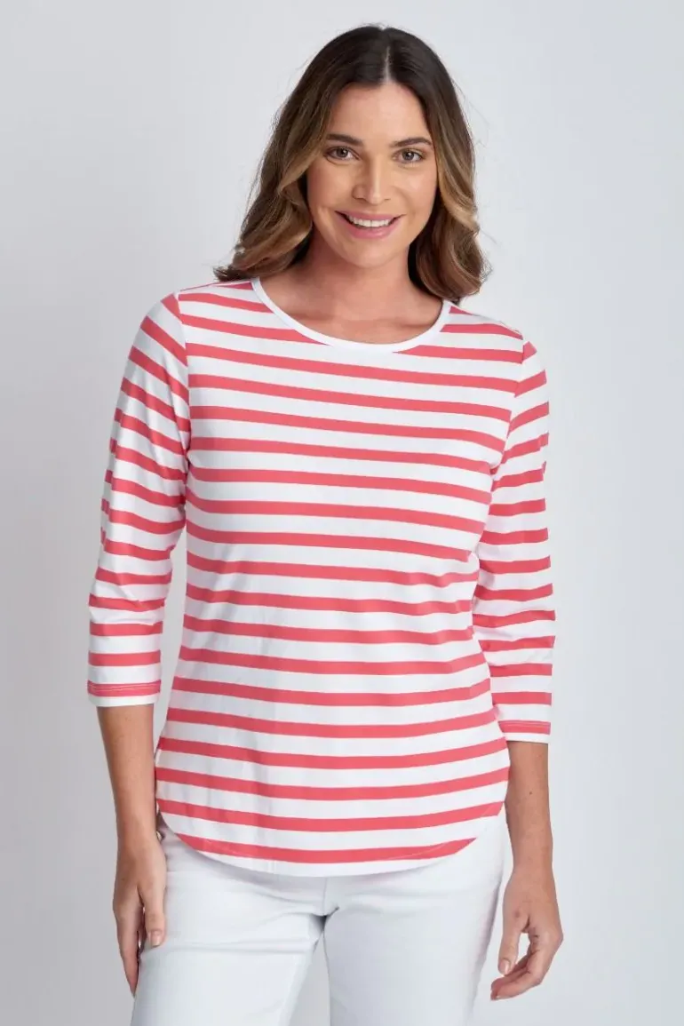 Goondiwindi Cotton Stripe 3/4 Sleeve Tee In Coral