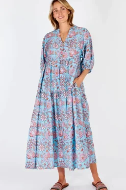 Ibisa Cancun Printed Maxi Dress In Lagoon