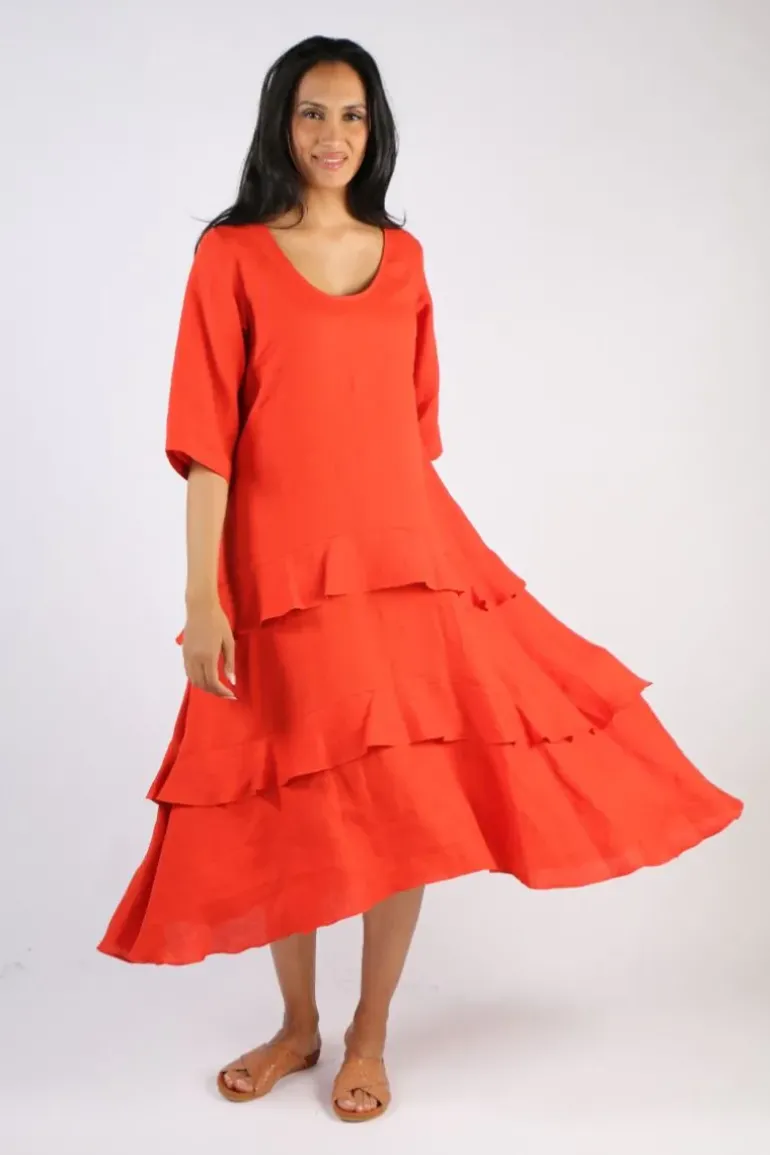 Illium 3/4 Sleeve Ruffle Dress In Rust