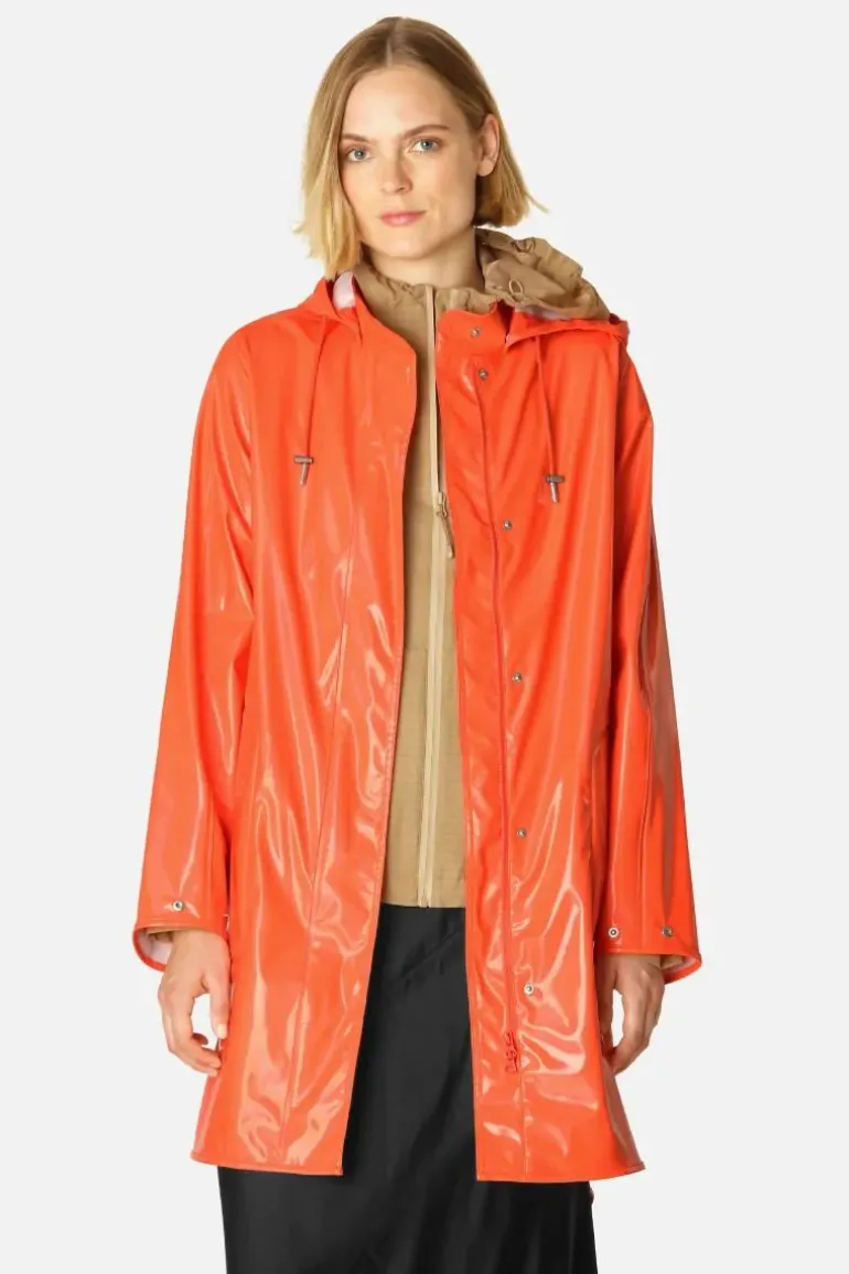Ilse Jacobsen Long Classic Raincoat In Gloss Hot Orange