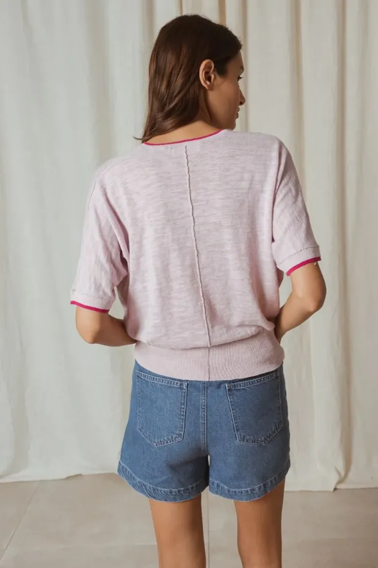 Indi & Cold Linen Contrast Knit Top In Pink