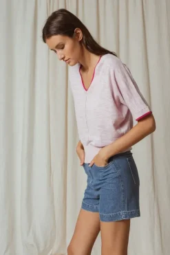 Indi & Cold Linen Contrast Knit Top In Pink