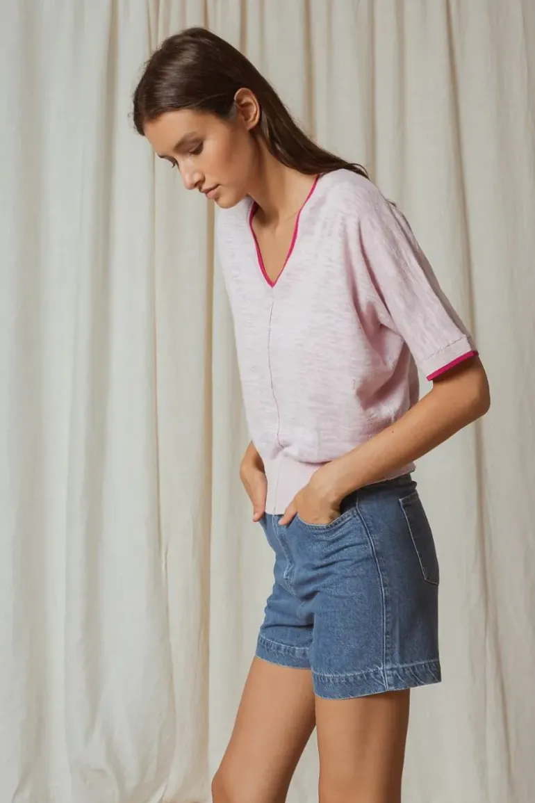 Indi & Cold Linen Contrast Knit Top In Pink