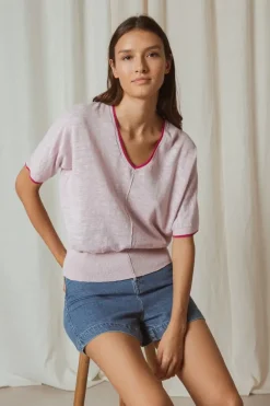 Indi & Cold Linen Contrast Knit Top In Pink