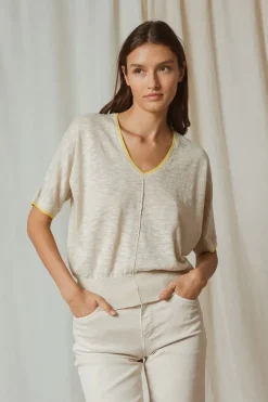 Indi & Cold Linen Contrast Knit Top In Natural
