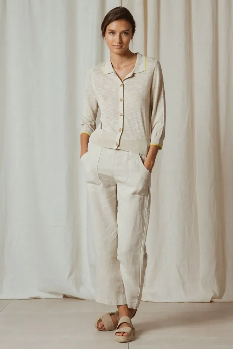 Indi & Cold Linen Contrast Knit Cardi In Natural