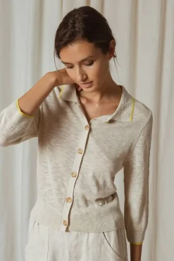 Indi & Cold Linen Contrast Knit Cardi In Natural