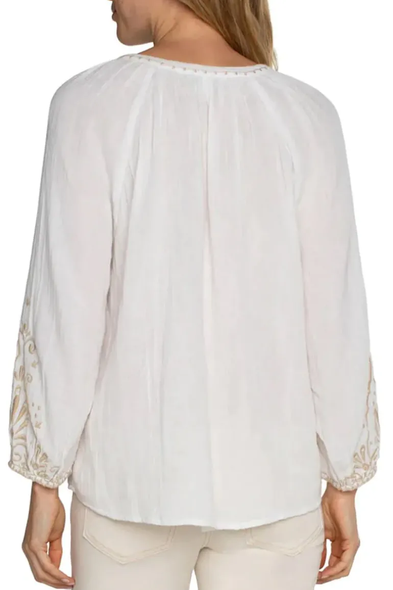 Liverpool Embroidered Double Gauze Woven Top In White