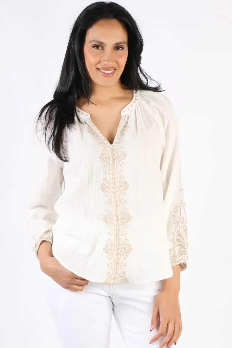 Liverpool Embroidered Double Gauze Woven Top In White