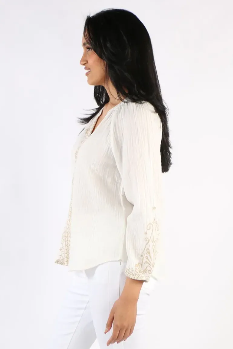 Liverpool Embroidered Double Gauze Woven Top In White