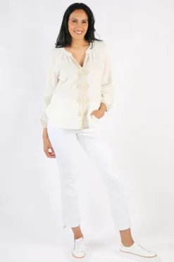 Liverpool Embroidered Double Gauze Woven Top In White