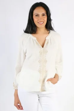 Liverpool Embroidered Double Gauze Woven Top In White