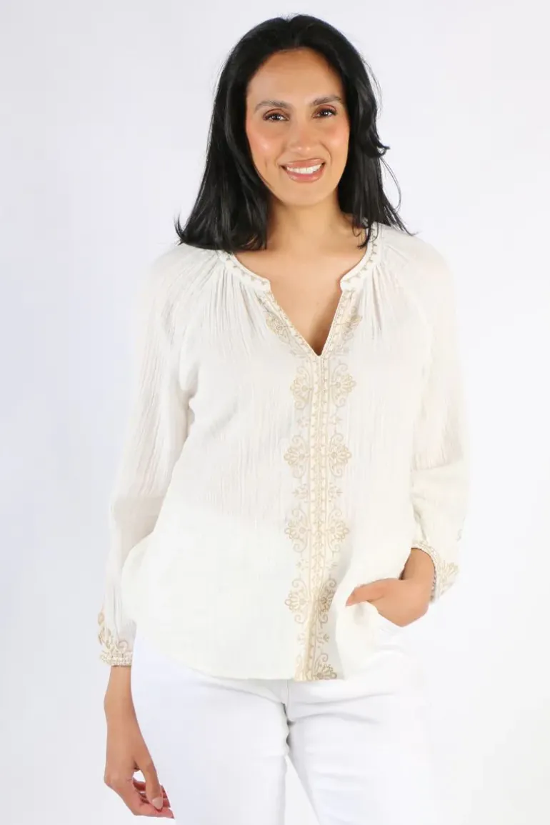Liverpool Embroidered Double Gauze Woven Top In White