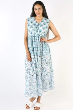 Mandalay Block Printed Destination Provence Sundress In Blue