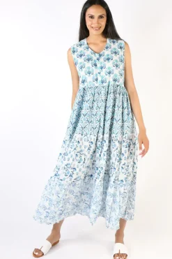 Mandalay Block Printed Destination Provence Sundress In Blue