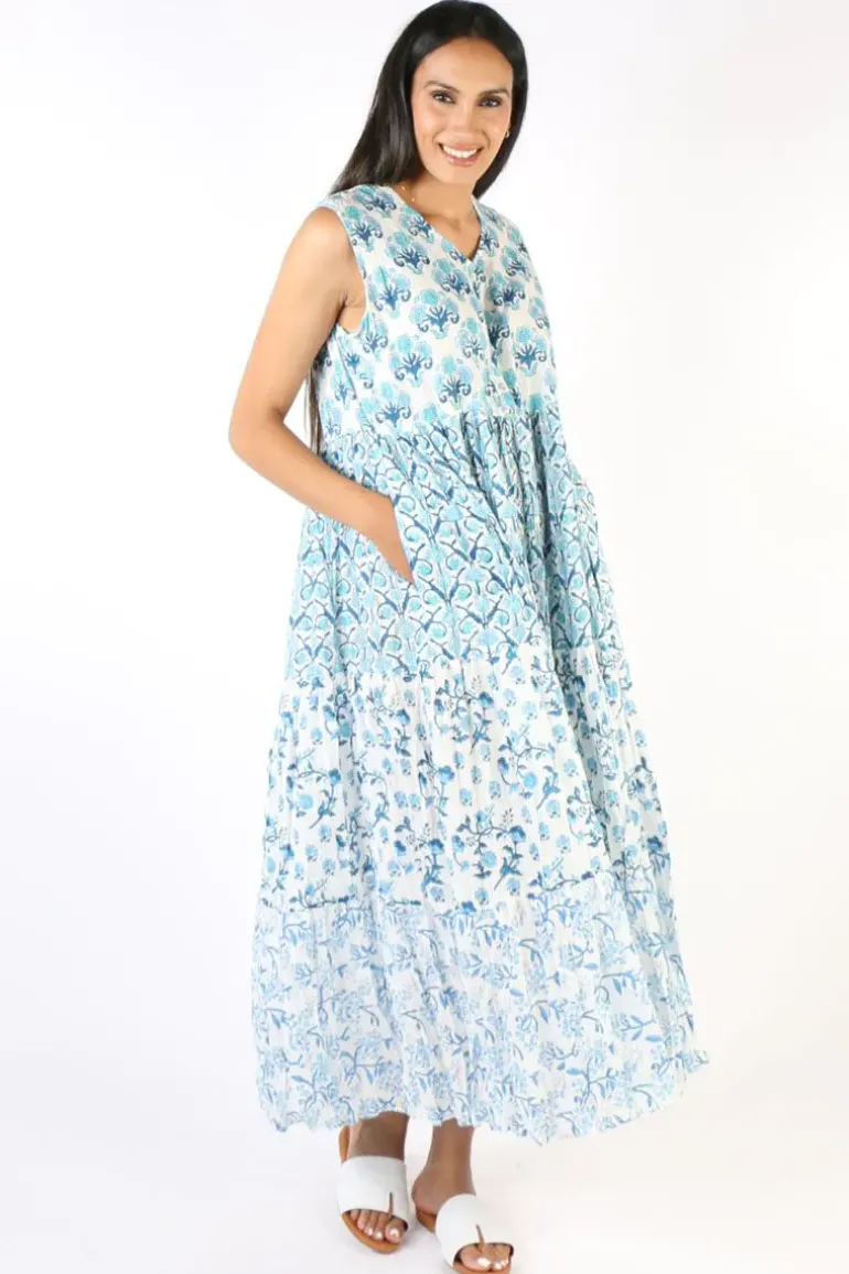 Mandalay Block Printed Destination Provence Sundress In Blue