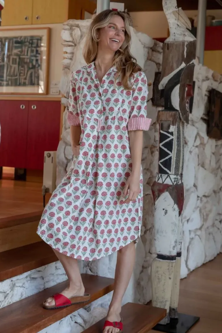 Mandalay Rose Print Shirt Dress In Coral