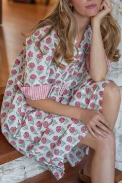Mandalay Rose Print Shirt Dress In Coral