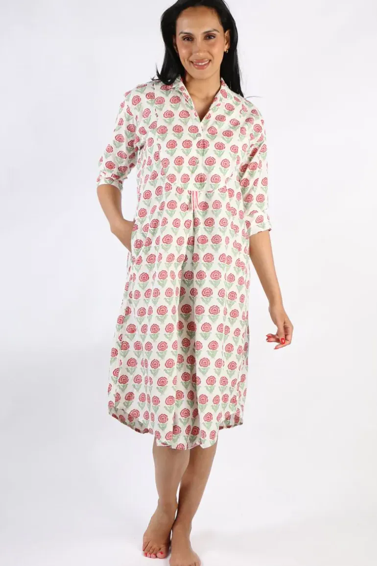 Mandalay Rose Print Shirt Dress In Coral
