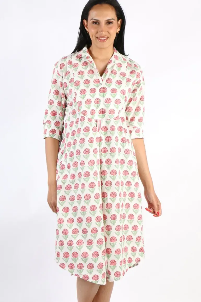 Mandalay Rose Print Shirt Dress In Coral